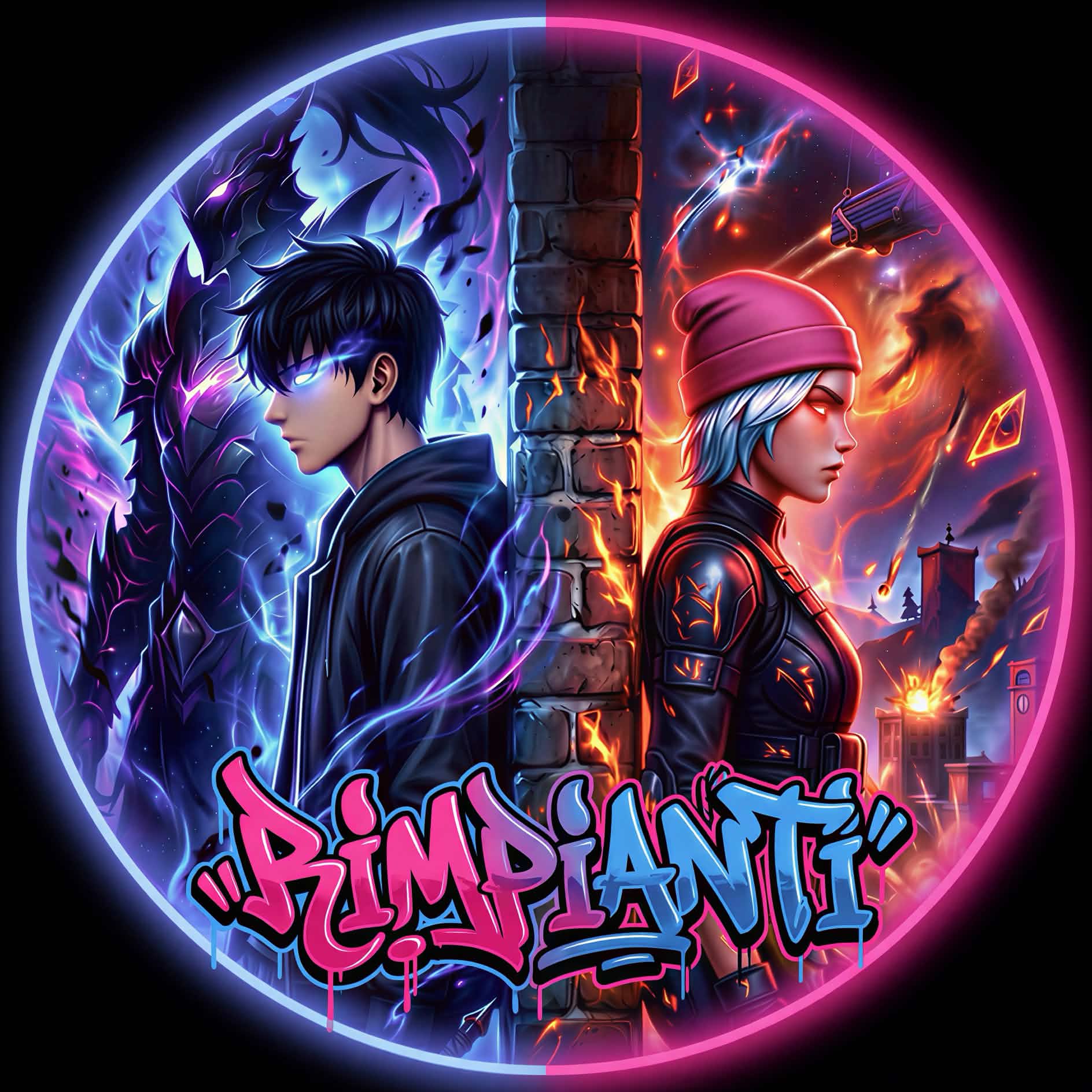 Rimpianti blue and pink character artwork