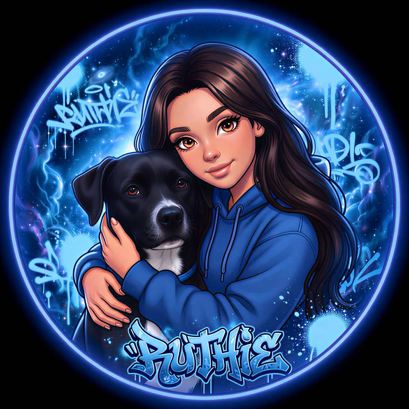 Ruthie portrait with dog artwork